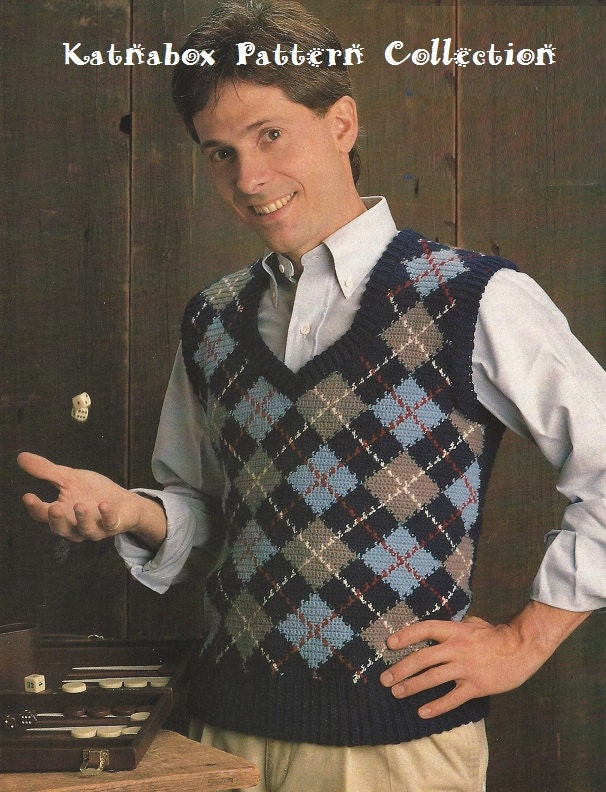 Crochet Mens Argyle Vest Pattern KC0474, Advanced Skill Level