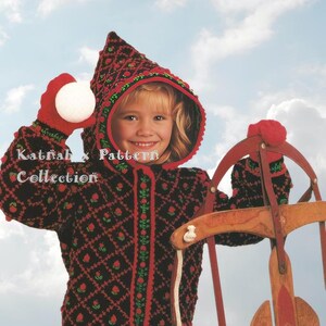 May include: A child's hooded jacket and mittens set in a black and red floral pattern. The jacket has a hood and is paired with red mittens holding a snowball. The child is smiling and holding a wooden sled. The text "Katnah x Pattern Collection" is visible.