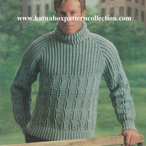Crochet Mens Mock Cable Raglan Pullover 