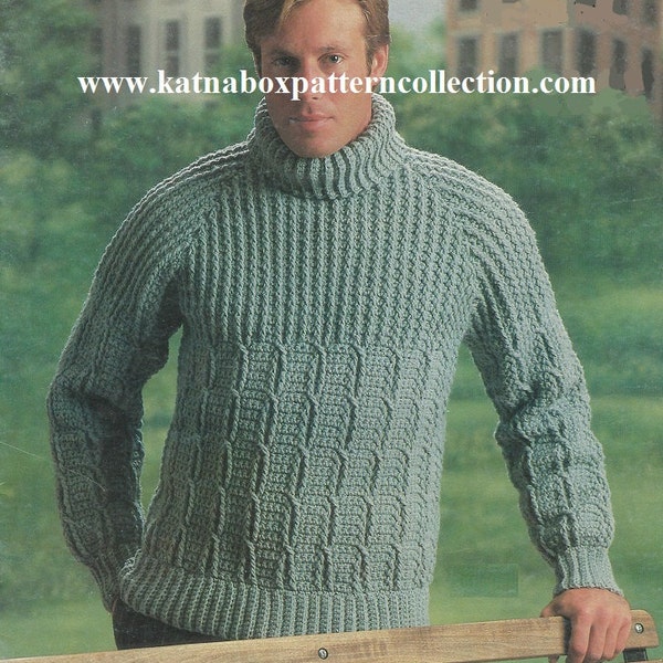 Crochet Mens Mock Cable Raglan Pullover Sweater Pattern #KC0591, Advanced Skill Level, Crochet PDF Digital Pattern