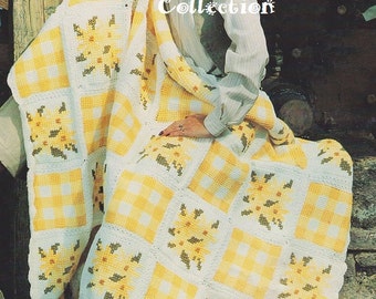 Crochet Gingham and Daisy Afghan Pattern #KC0535, Intermediate Skill Level, Crochet PDF Digital Pattern