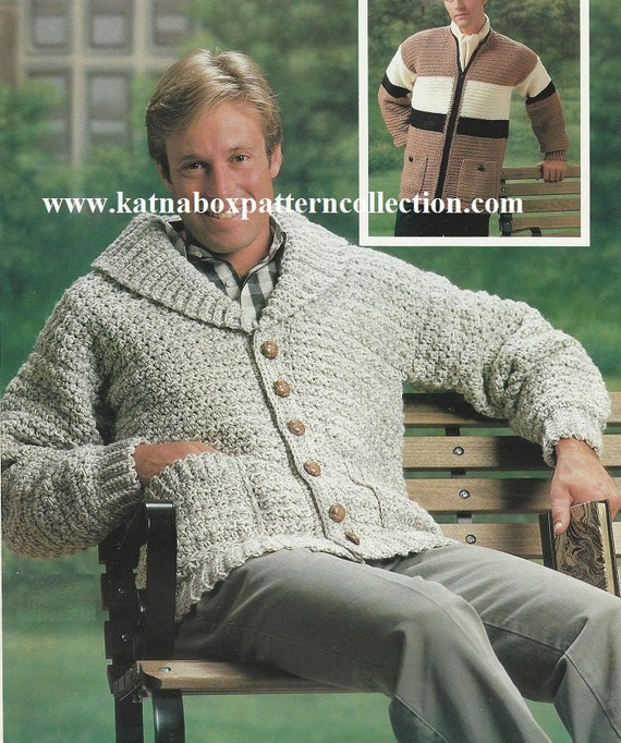 Crochet Mens Shawl Collared Cardigan Pattern KC0592 Advanced