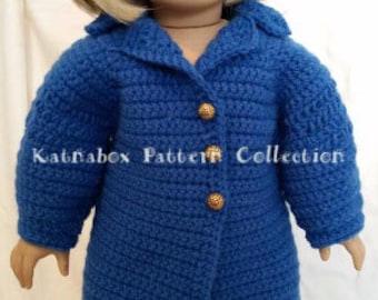 Crochet 18 Inch Doll Long Coat Pattern #KC0306, Intermediate Skill Level, PDF Crochet Pattern