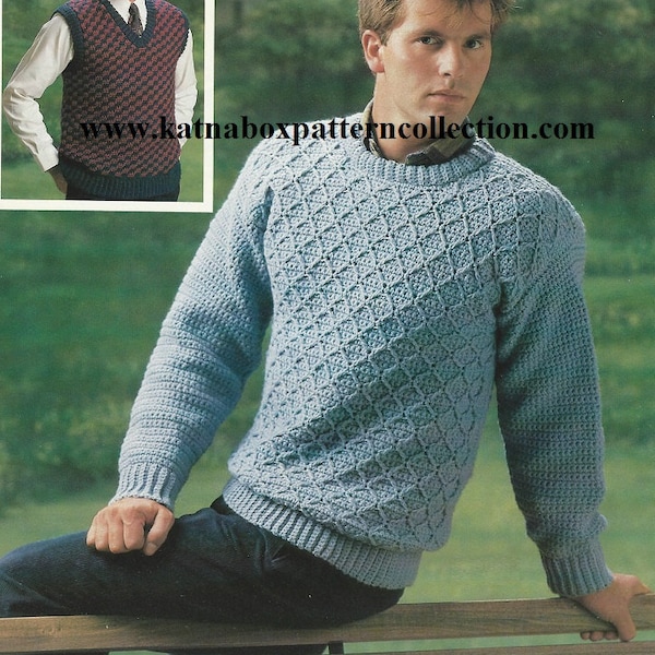 Crochet Mens Diamond Patterned Pullover Pattern #KC0594, Advanced Skill Level, Crochet PDF Pattern