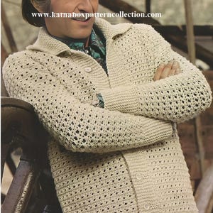 May include: A crocheted cardigan with a button-up front and a textured pattern. The cardigan is cream colored and has a relaxed fit.