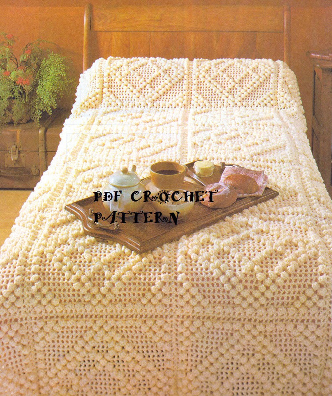 Crochet Popcorn Bedspread Crochet Pattern KC0631, Advanced Skill Level