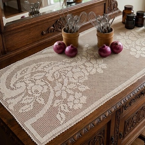 Filet Crochet Table Runner Pattern Fall Thanksgiving Cornucopia PDF