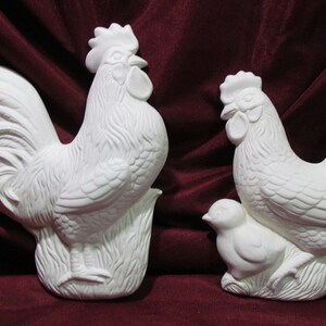 Unpainted Ceramic Rooster and Chicken Figurines / Bisqueware
