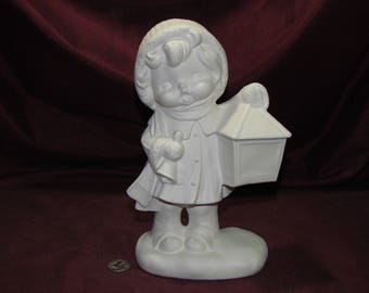 Ceramic Bisque Vintage Boy Caroler w Lantern Ready to Paint U Paint Christmas Winter Bell Cute