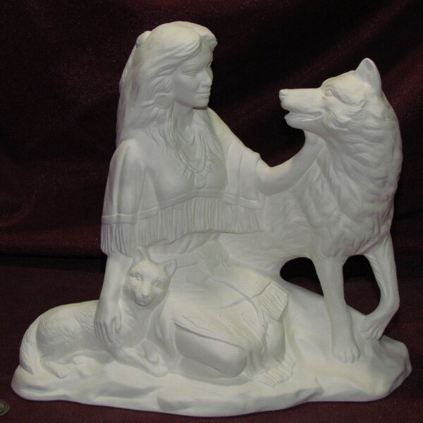 Ceramic Bisque U-Paint Native American Indian Maiden With Wolf And Pup Unpainted Ready To Paint DIY