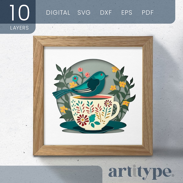 3D Shadow Box Bird on a Tea Cup Template SVG File, Light Box Paper Cut Layered Art, SVG Files for Cricut, Silhouette & Laser plus Dxf, Pdf 3D Shadow Box Bird on a Tea Cup Template SVG File, Light Box Paper Cut Layered Art, SVG Files for Cricut, Silhouette & Laser plus Dxf, Pdf