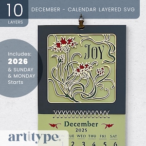 DECEMBER wandkalender 3D SVG-bestand digitaal 2025-26 maandkalender kerst schaduwdoos gelaagde bloem bloemdessin Cricut vintage lagen