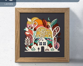 Personalizable Home Sweet Home 3D Shadow Box Template SVG File, Light Box Paper Cut Layered Art, SVG Files for Cricut, Silhouette & Laser