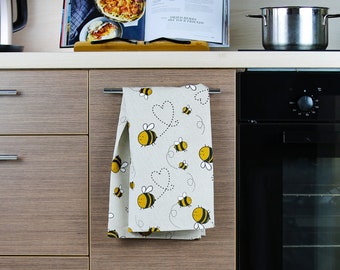 Linen Bees Tea Towel, Linen Blend Dish Towel, Natural Kitchen Towel, Cotton/Linen Hand Towel, Cute Guest Towel, Kitchen Accessory