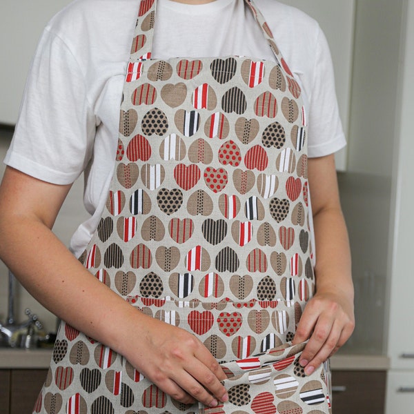 Linen Hearts Apron for Adults, Natural Linen Apron, Cooking Apron, Heart Pattern Apron, Kitchen Accessory, Cute Valentine's Gift Idea