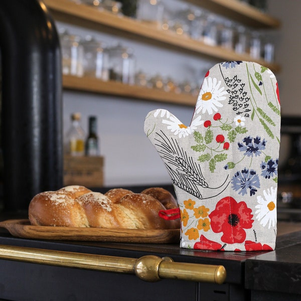 Linen Wildflowers Oven Mitt (1 pc), Sustainable Pot Holder With Multicoloured Flowers, Kitchen Accessory, Handmade Oven Glove, Gift idea