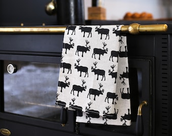 Linen Moose Tea Towel, Hand Towel with Reindeers Elks, Linen and Cotton Kitchen Towel with Moose’s, Small Cute Housewarming Gift Idea
