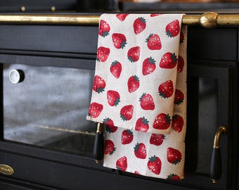 Linen Strawberry Tea Towel, Cute Linen And Cotton Hand Towel, Kitchen Hand Towel, Cute Housewarming Gift Idea, Summer Vibes Tea Towel