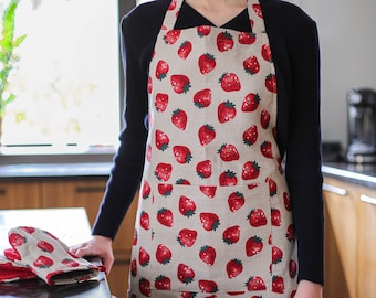 Leinen Erdbeer Schürze mit Tasche, Süße Beeren Schürze, Handgemachte Schürze mit Erdbeeren, Backschürze mit Tasche, Leinen Schürze für Frauen