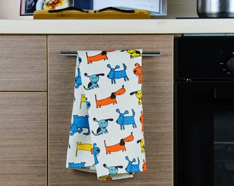 Linen Cotton Dogs Tea Towel: Handmade Kitchen Dish Towel