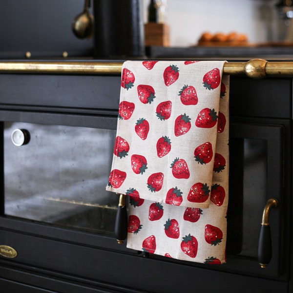 Linen Strawberry Tea Towel, Cute Linen And Cotton Hand Towel, Kitchen Hand Towel, Cute Housewarming Gift Idea, Summer Vibes Tea Towel