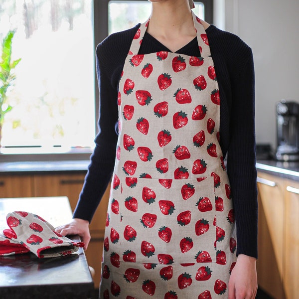 Leinen Erdbeer Schürze mit Tasche, Süße Beeren Schürze, Handgemachte Schürze mit Erdbeeren, Backschürze mit Tasche, Leinen Schürze für Frauen