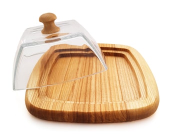 Beurrier en bois avec couvercle en verre, plat à fromages avec couvercle en verre, beurrier couvert, accessoire de cuisine, idée cadeau de pendaison de crémaillère