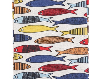 Linen Tea Towel, Natural Dish Towel Fish Pattern, Kitchen Towel, Linen Hand and Guest Towel with Colourful Fishies, Kitchen Accessory