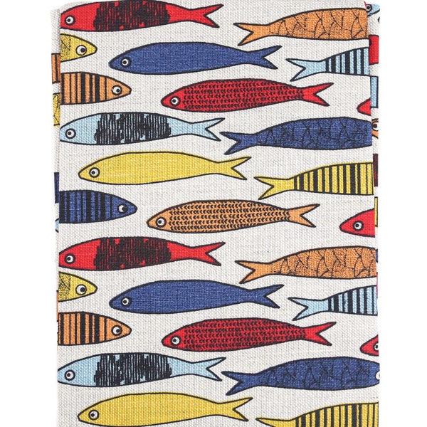 Linen Fishies Tea Towel, Natural Dish Towel, Sustainable Kitchen Towel, Linen Hand / Guest Towel with Colourful Fishies, Kitchen Accessory