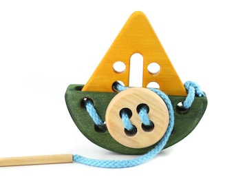 Threading Toy for Toddler, Montessori Toy, Wooden Boat, Motor Development Toy, Wood Lacing Toy for Kids, Handmade Wooden Toy