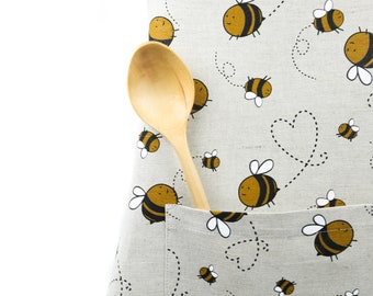 Linen Bees Apron with Pocket, Apron for Cooking or Gardening, Bee Pattern Apron for Women or Men, Handmade Cute Apron, Housewarming Gift