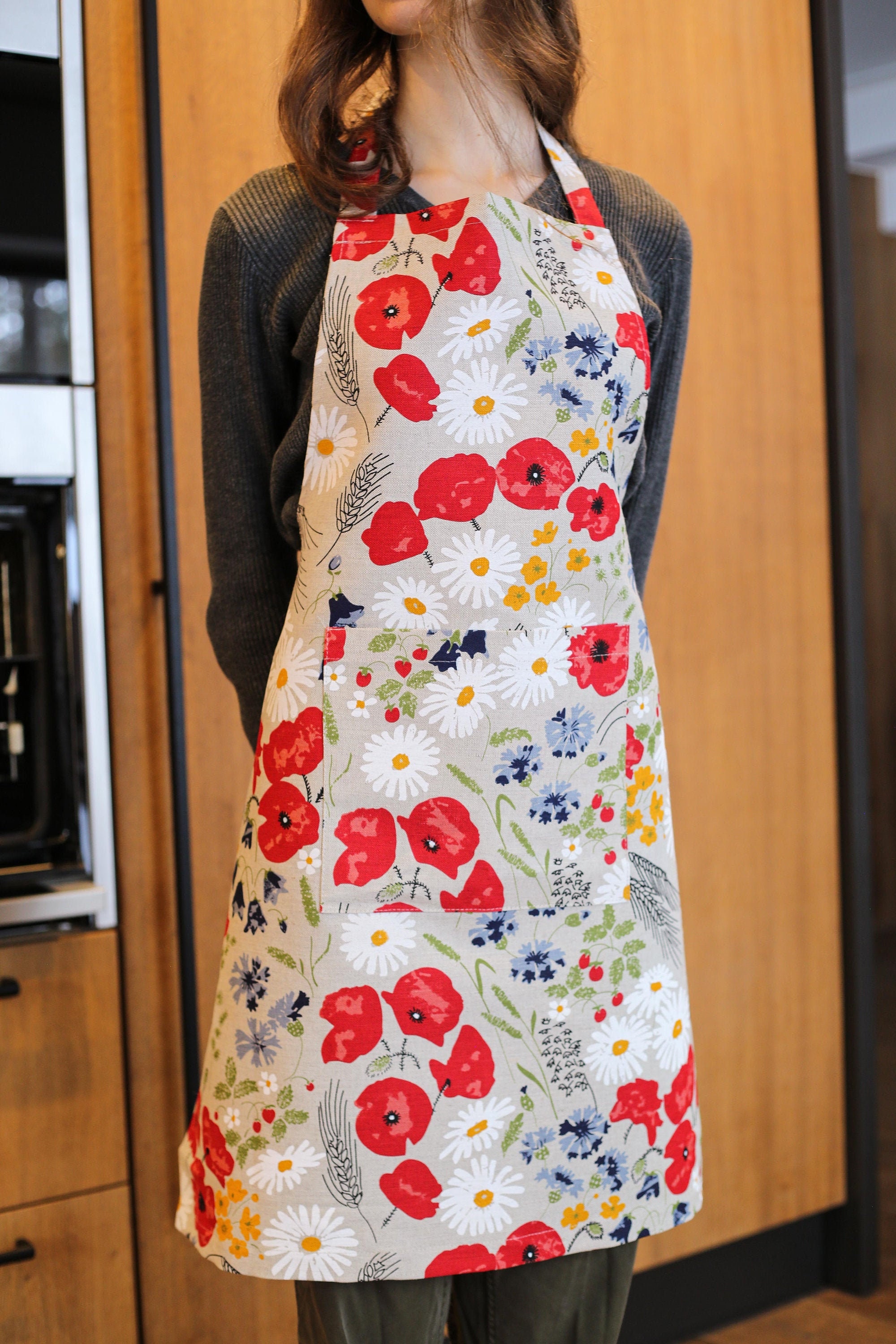 Linen Wild Flowers Apron, Cute Linen Apron with Pocket, Linen Kitchenware, Cute Baking Apron with  Colourful Flowers, Poppies, Cornflowers