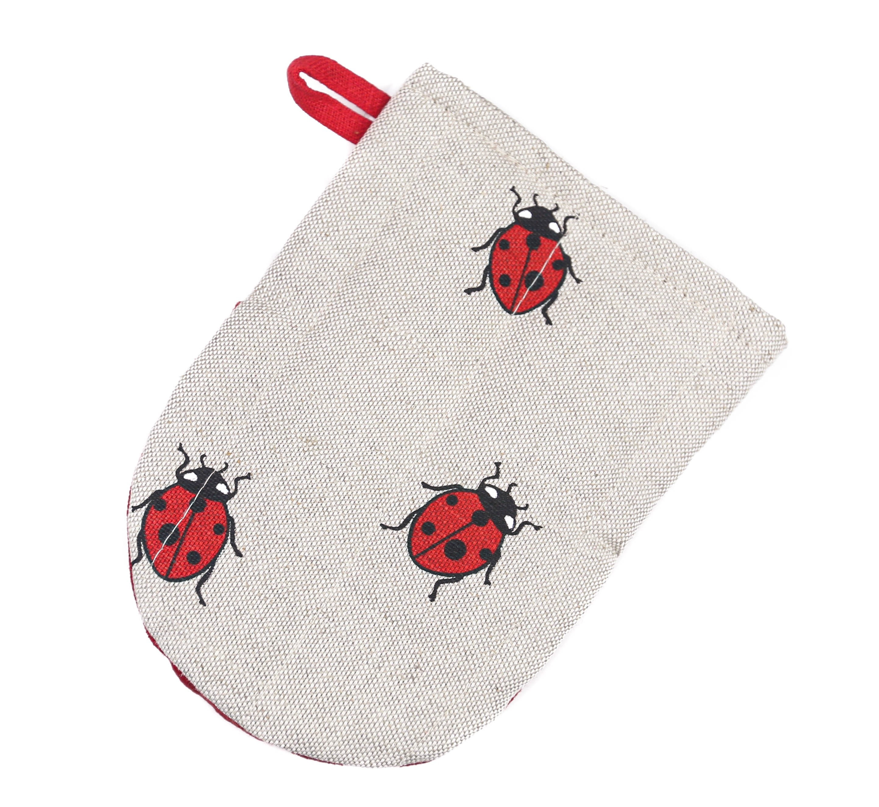 Linen Ladybugs Oven Mitt (1 pc), Cute Ladybug Pattern Pot Holder, Handmade Oven Mitt, Natural Linen Kitchen Accessory, Valentine's Gift
