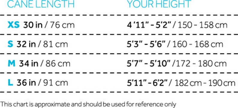 May include: A chart showing cane length in inches and centimeters, and corresponding height in feet and inches, and centimeters. The chart shows sizes XS, S, M, and L.