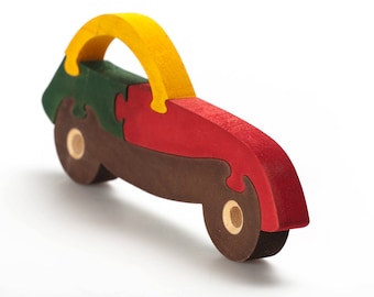 Rompecabezas de coche de madera hecho a mano: juguete de piezas grandes para niños pequeños