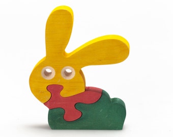 Handgemaakte houten konijnenpuzzel: Montessori-peuterspeelgoed