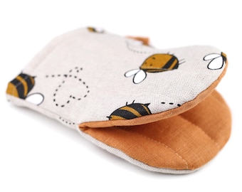 Manopla de horno de mezcla de lino con diseño de abejas: agarradera hecha a mano con diseño de abejas
