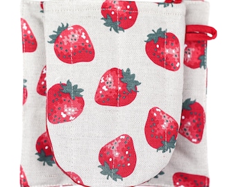 Set di presine e guanto da forno in misto lino con fragole: decorazioni da cucina fatte a mano
