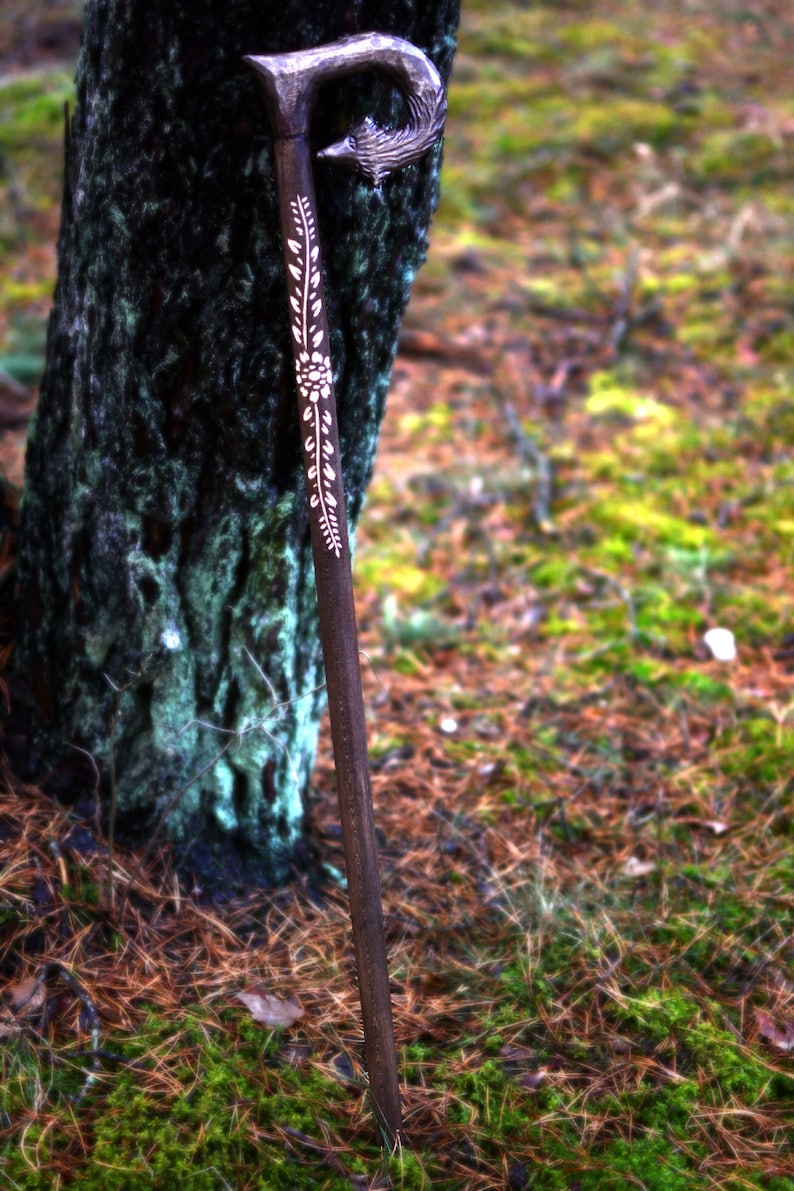 May include: A wooden walking stick with a carved bird head handle and floral design. The stick is brown and the carving is white.