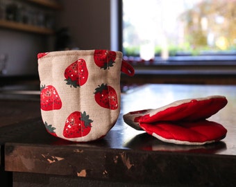 Guanto da forno in lino con fragole, presina imbottita, accessorio da cucina