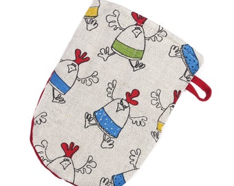 Linen Blend Chicken Oven Mitt: Handmade Colorful Kitchen Pot Holder