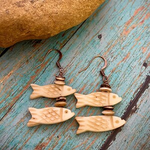 Whimsical fish earrings, carved bone fish beads, antiqued copper, gift for fisherwoman, outdoor lake river boating sport jewelry
