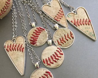 Used Baseball Leather Pendant Necklace, Baseball Heart Pendant Silver Necklace, Round Baseball Leather Pendant, Baseball Mom Gift,Sport Gift