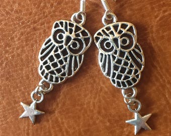 Owl earrings, silver filigree owl dangle earrings, whimsical bird, Halloween earrings, night owl, owl lover gift