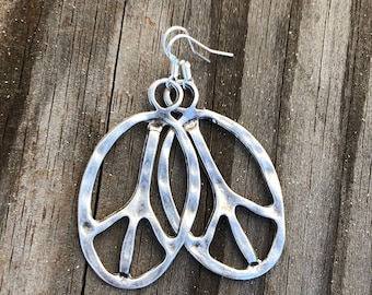 Large Silver Peace Sign Earrings, Hippie Earrings, 60's Jewelry, Free Spirit, Boho, Flower Child, peace Sign Jewelry, Gift for Her