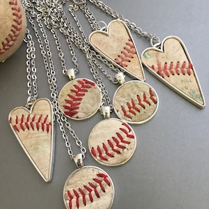 Used Baseball Leather Pendant Necklace, Baseball Heart Pendant Silver Necklace, Round Baseball Leather Pendant, Baseball Mom Gift,Sport Gift