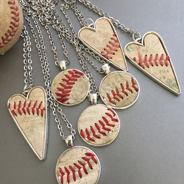 Used Baseball Leather Pendant Necklace, Baseball Heart Pendant Silver Necklace, Round Baseball Leather Pendant, Baseball Mom Gift,Sport Gift