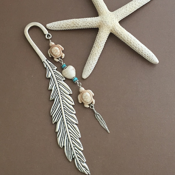 Turtle bookmark, sea turtle, silver feather bookmark, heart, sea turtle lover gift, ocean lover, turtle gift, beach themed, teacher gift