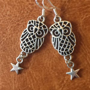 Owl earrings, silver filigree owl dangle earrings, whimsical bird, Halloween earrings, night owl, owl lover gift image 1