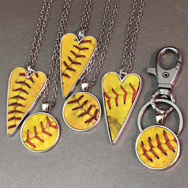 Used Softball Leather Pendant Necklace, Softball Keychain, Softball Silver Necklace, Softball Mom Gift, Girls Sport Gift, Coach Gift